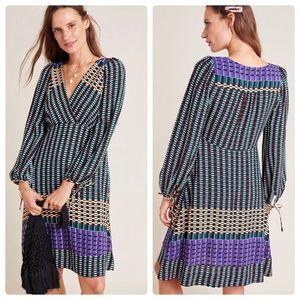 Anthropologie Black Teal Purple Patterned Long-Sleeve Wrap Dress